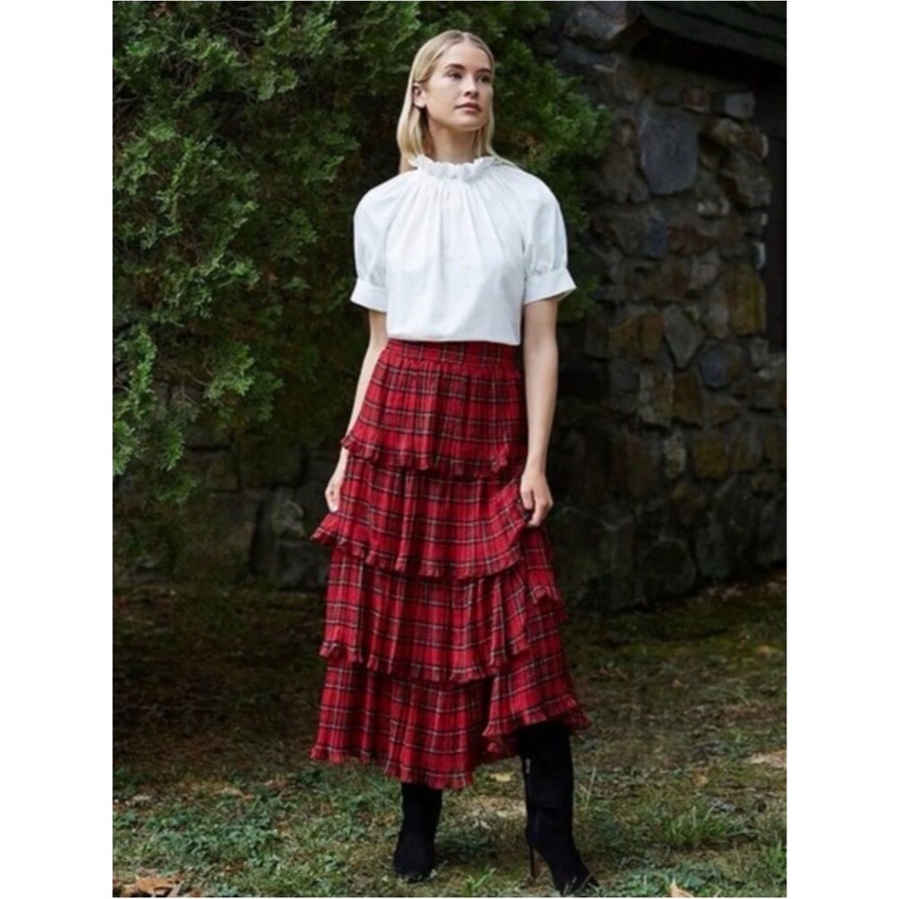 ANTONIO MELANI Katrina Plaid Print Ruffle Tiered A-Line Midi Skirt